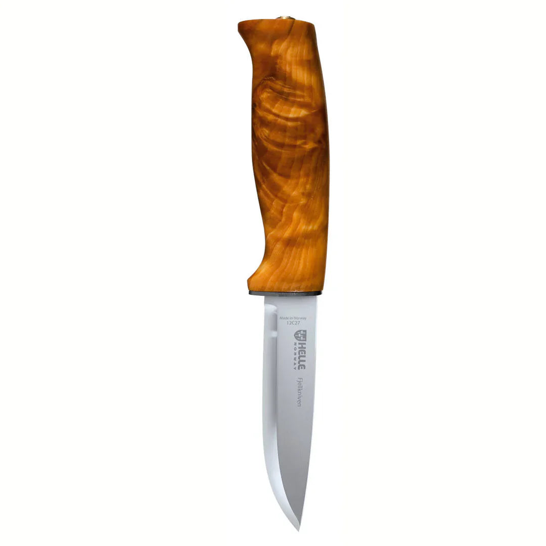 Helle Fjellkniven hunting knife with curly birch handle, stainless steel blade, made in Norway