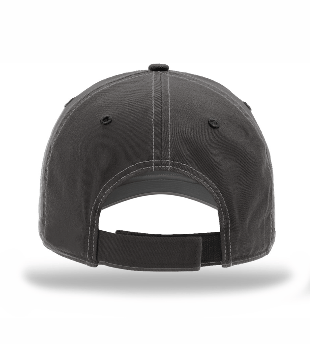 Charcoal gray hunting cap with contrast stitching, adjustable strap, and ventilation eyelets for outdoor use