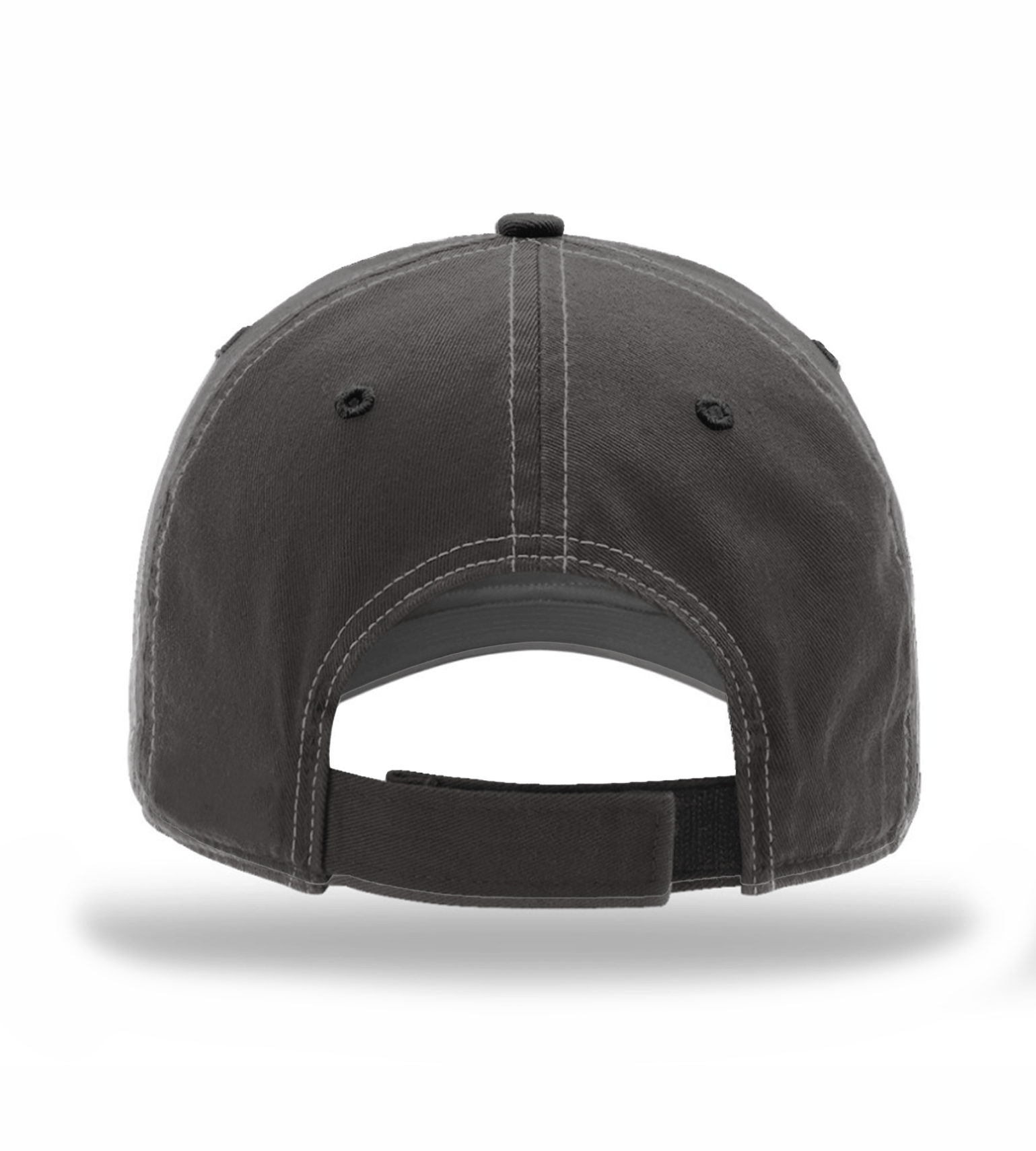 Charcoal gray hunting cap with contrast stitching, adjustable strap, and ventilation eyelets for outdoor use
