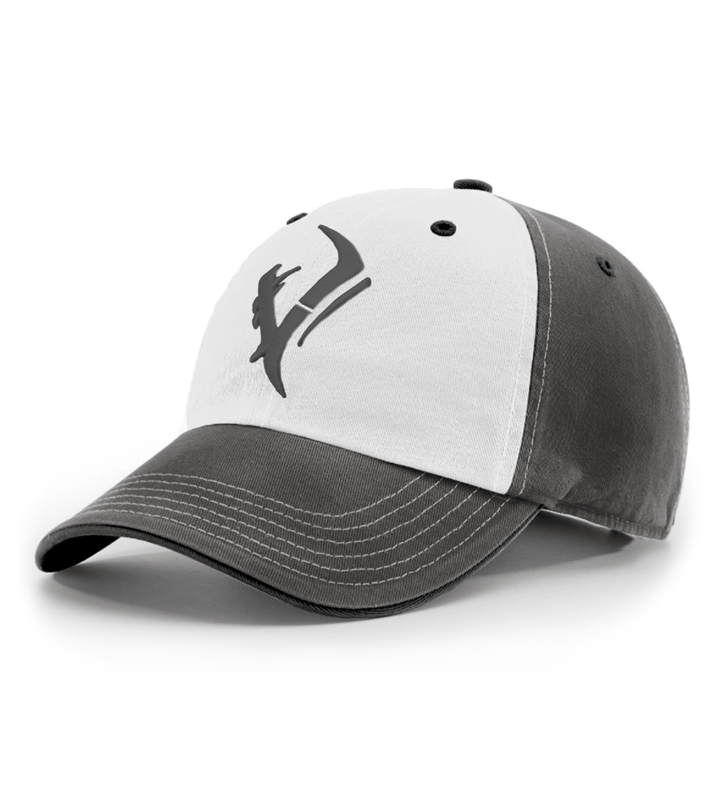 White and gray hunting cap with deer antler logo, ideal for outdoor adventures and hunting gear
