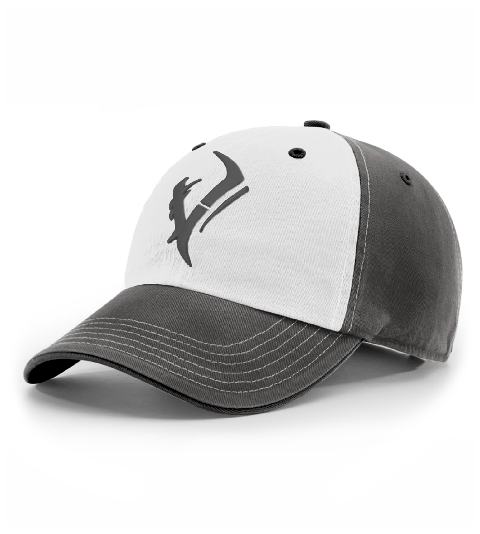 White and gray hunting cap with deer antler logo, ideal for outdoor adventures and hunting gear