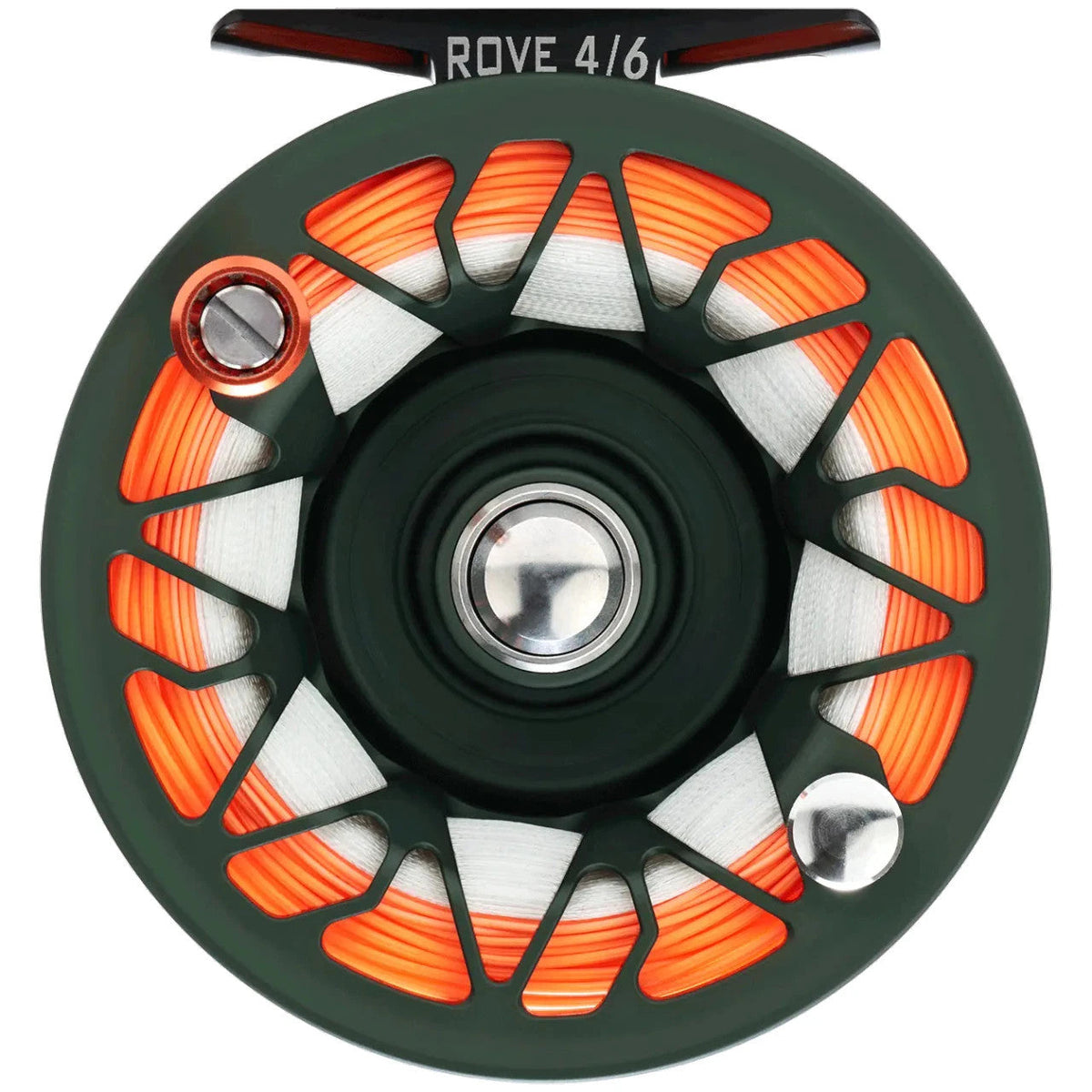 Back of the Abel ROVE 4/6 reel showing the large arbor spool with orange fly line, deep green