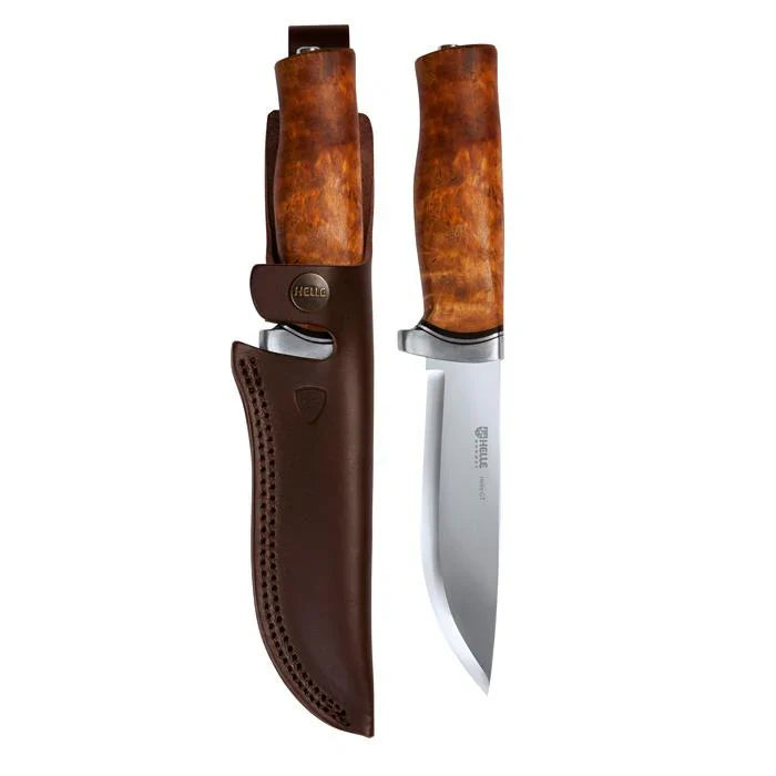 Helle hunting knife with birch bark handle and leather sheath, ideal for outdoor survival and field use