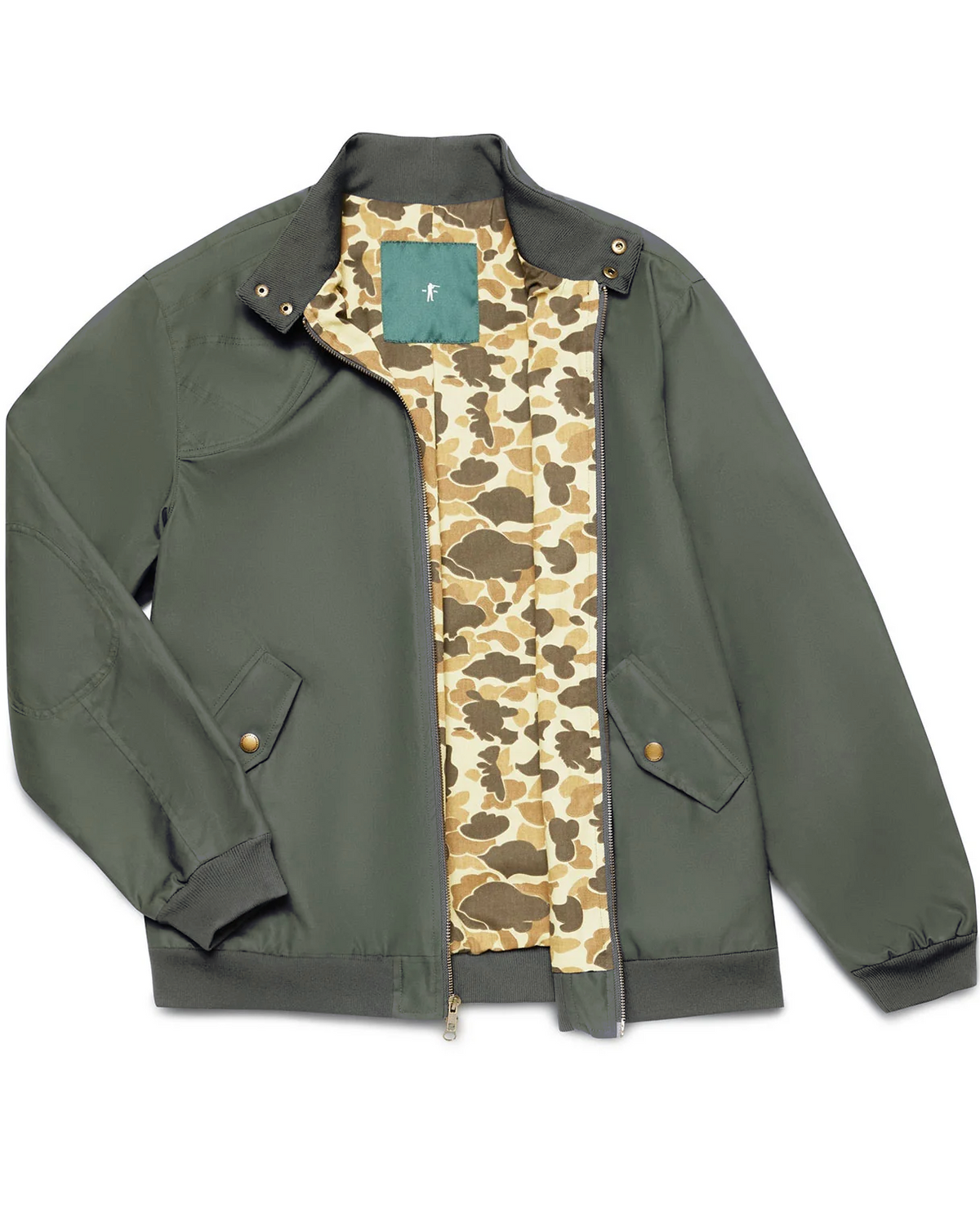 Ball and Buck Harrington Jacket in Sage Green waxed cotton with Original Camo lining, front view