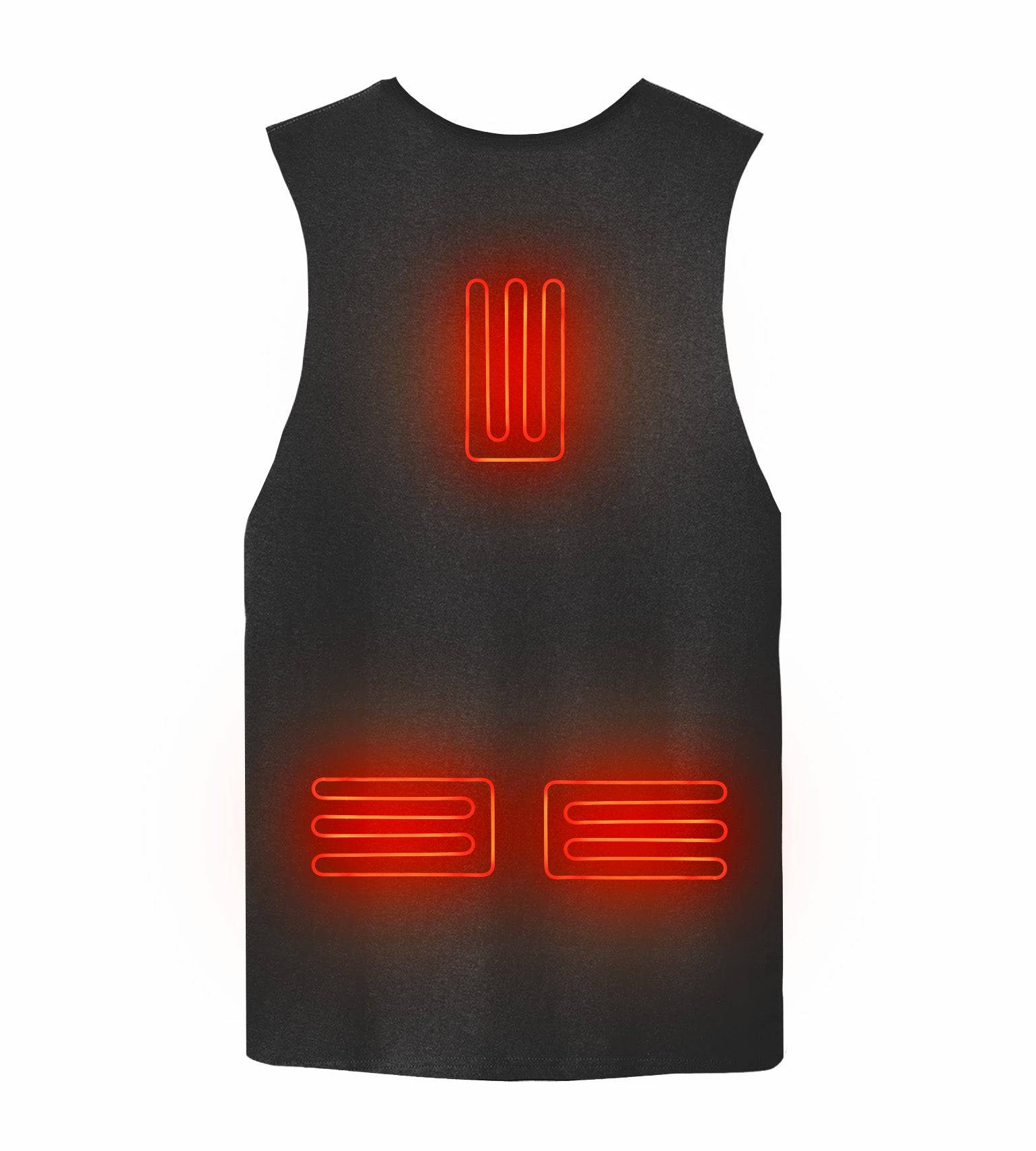 Vycah Oculus Heated Vest showing the upper and lower back heating elements highlighted in red