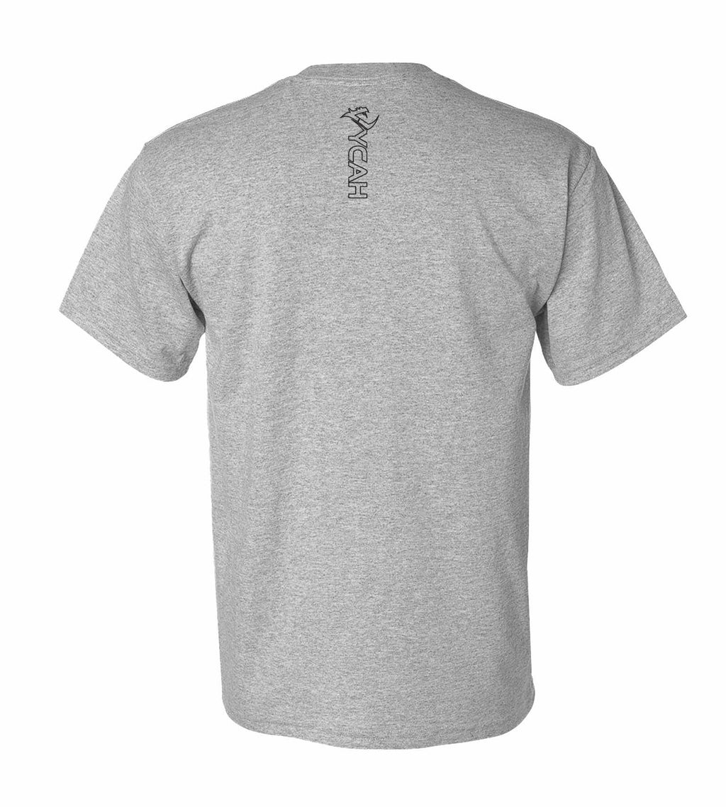 Gray Hycah hunting t-shirt with vertical logo on back, outdoor apparel for hunters