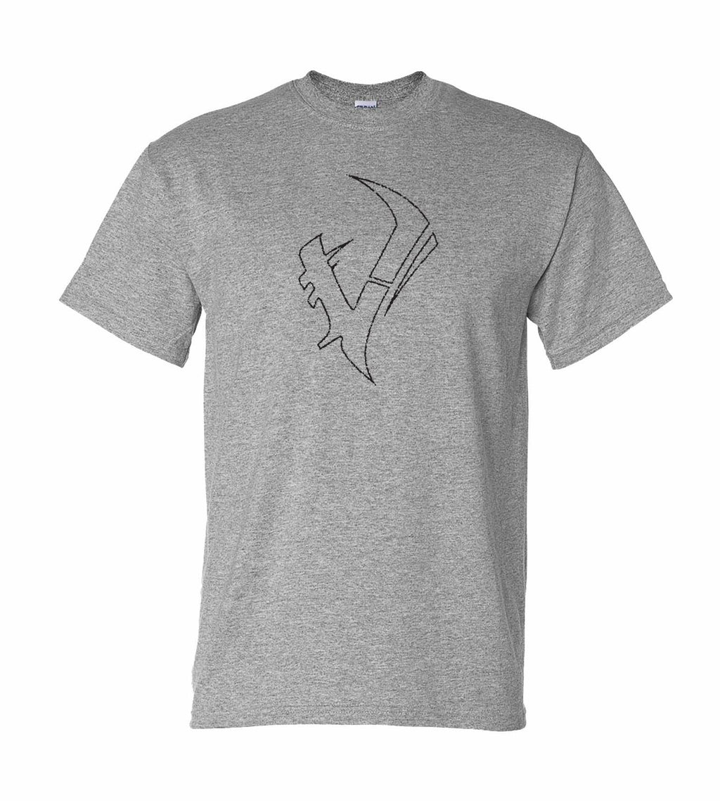 Gray hunting t-shirt with black outline graphic of axe and boot, ideal for outdoor enthusiasts and hunters
