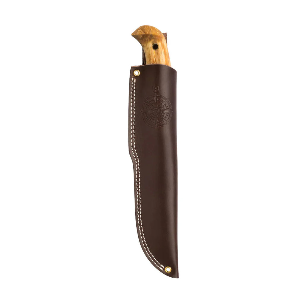 Hunting knife with wooden handle in brown leather sheath, compass emblem, white stitching for outdoor gear
