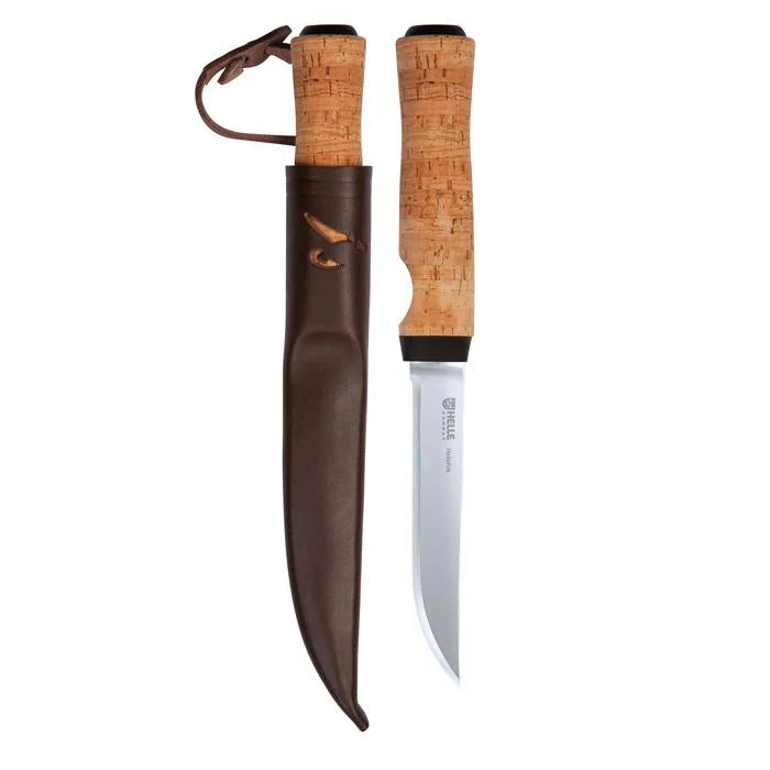 Hunting knife with cork handle and leather sheath, ideal for outdoor survival and field dressing