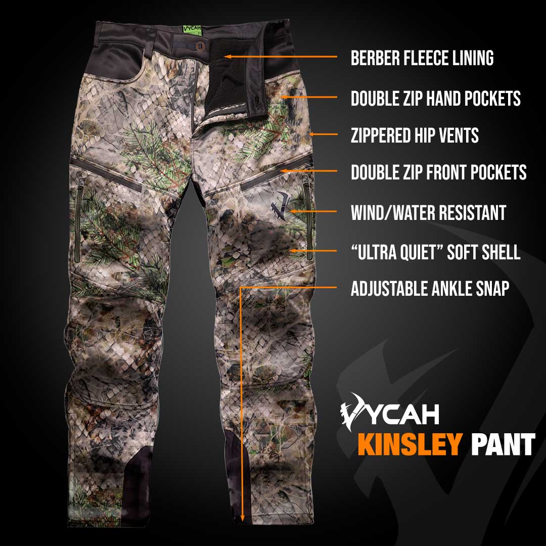 Vycah Kinsley Pant features: Berber fleece lining, double zip hand pockets, zippered hip vents, double zip front pockets, wind and water resistant, Ultra Quiet soft shell, adjustable ankle snap