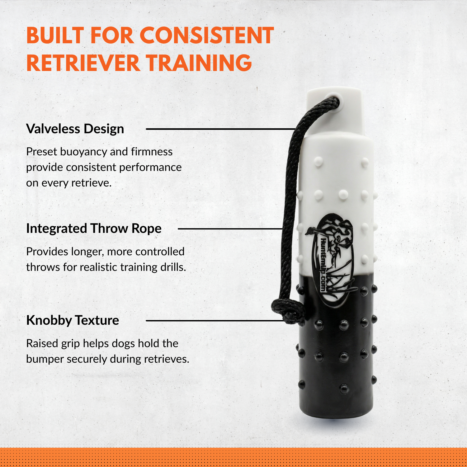 The HuntEmUp 3in Plastic Dog Training Bumper Dummy w/Valve Black White Flasher