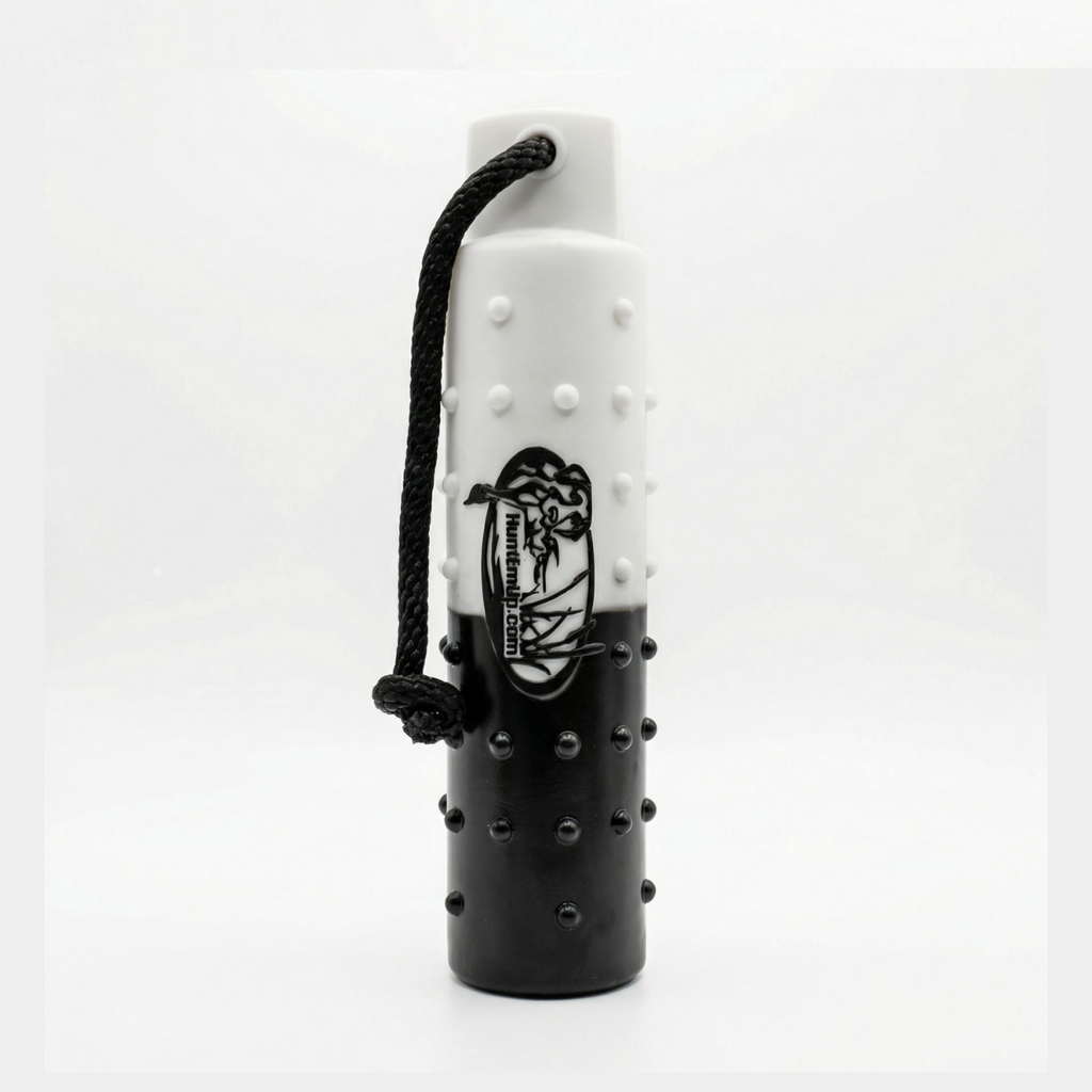 The HuntEmUp 3in Plastic Dog Training Bumper Dummy w/Valve Black White Flasher