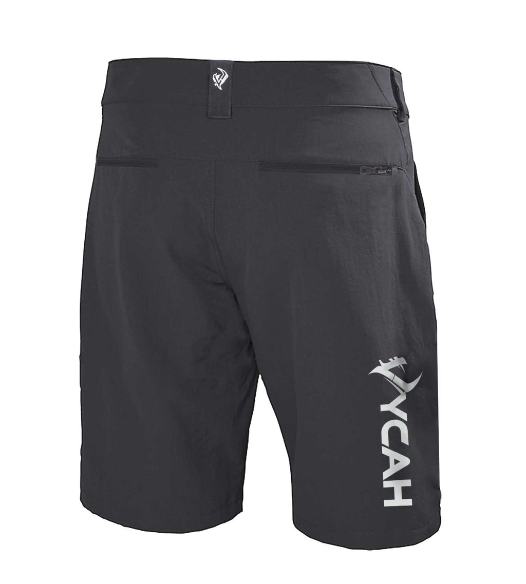 Black hunting shorts with zippered pockets and HYCAH logo, durable outdoor gear for hunters