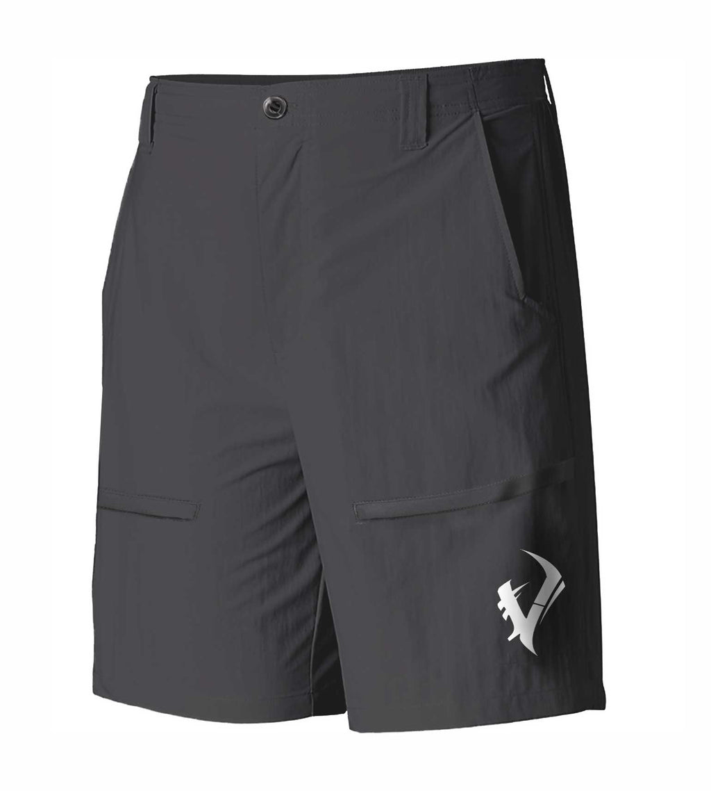 Dark gray hunting shorts with side pockets and logo, ideal for outdoor adventures and field use