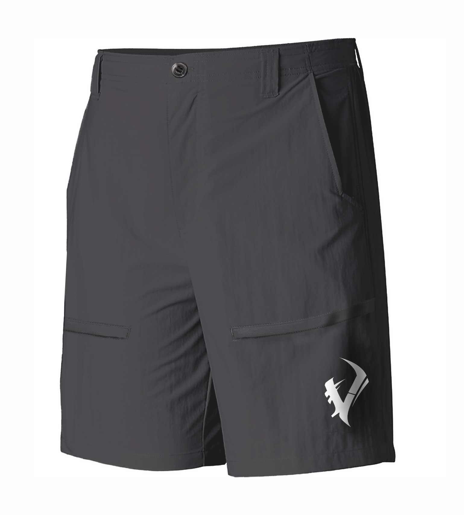 Dark gray hunting shorts with side pockets and logo, ideal for outdoor adventures and field use