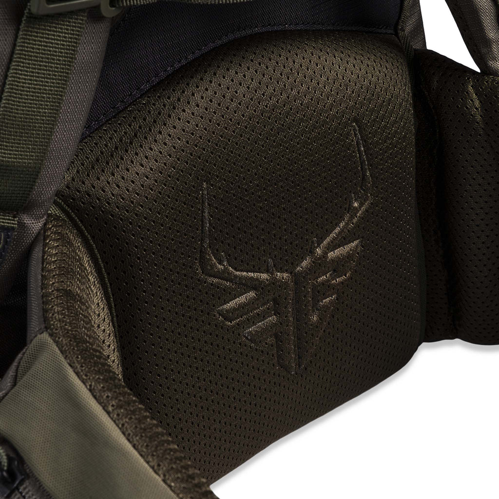 Olive green mesh hunting vest with deer antler logo, breathable fabric for outdoor use