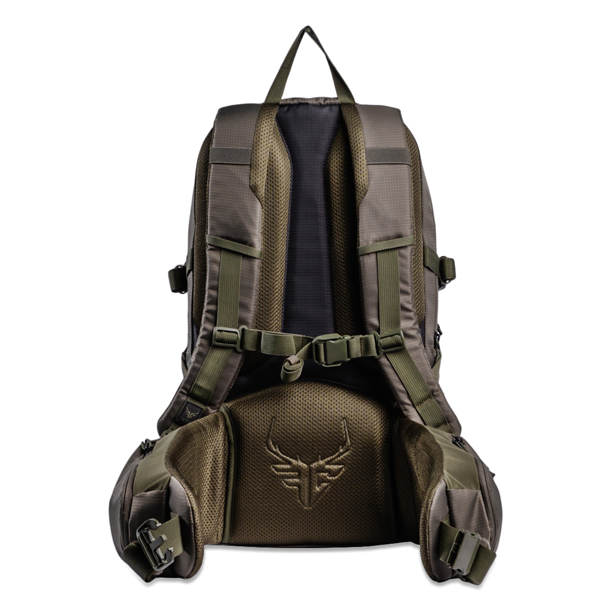 Olive green hunting backpack with padded shoulder straps, mesh back panel, and deer logo for outdoor gear and archery use