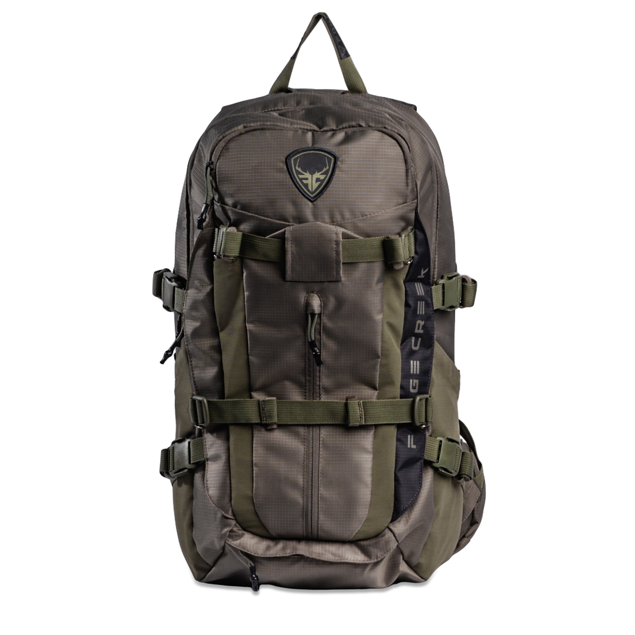 Tactical hunting backpack with olive green straps, deer logo, and multiple compartments for outdoor gear storage