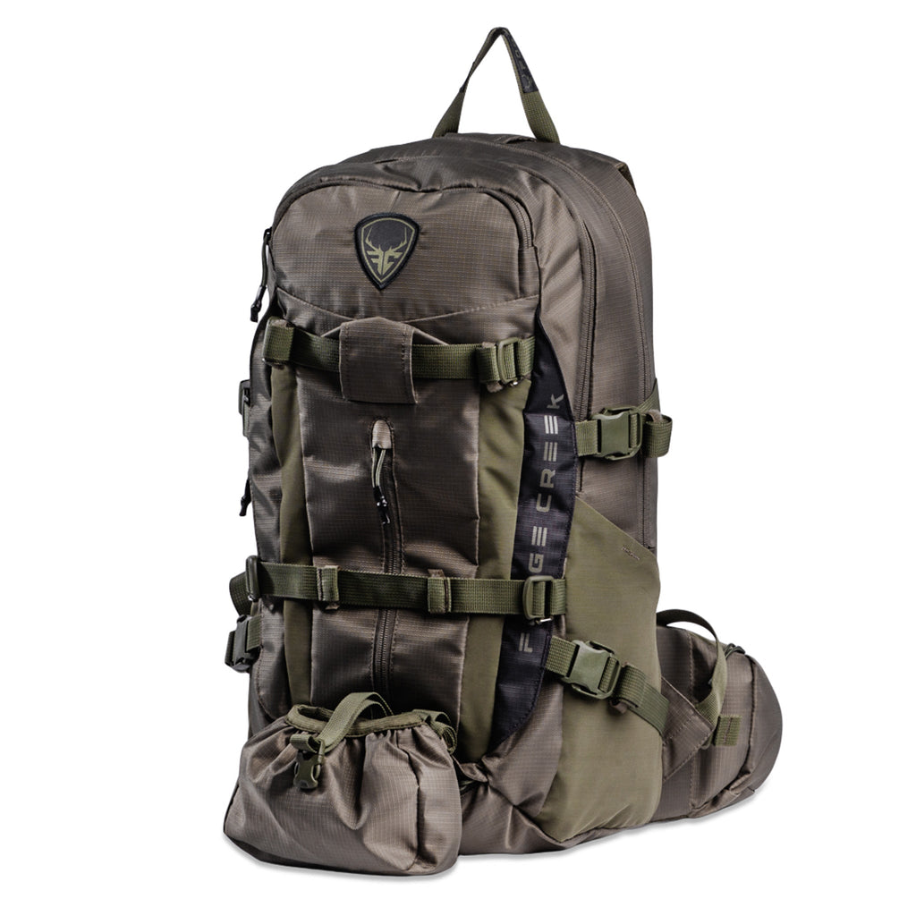 Tactical hunting backpack with olive green straps, multiple pockets, and durable fabric for outdoor adventures