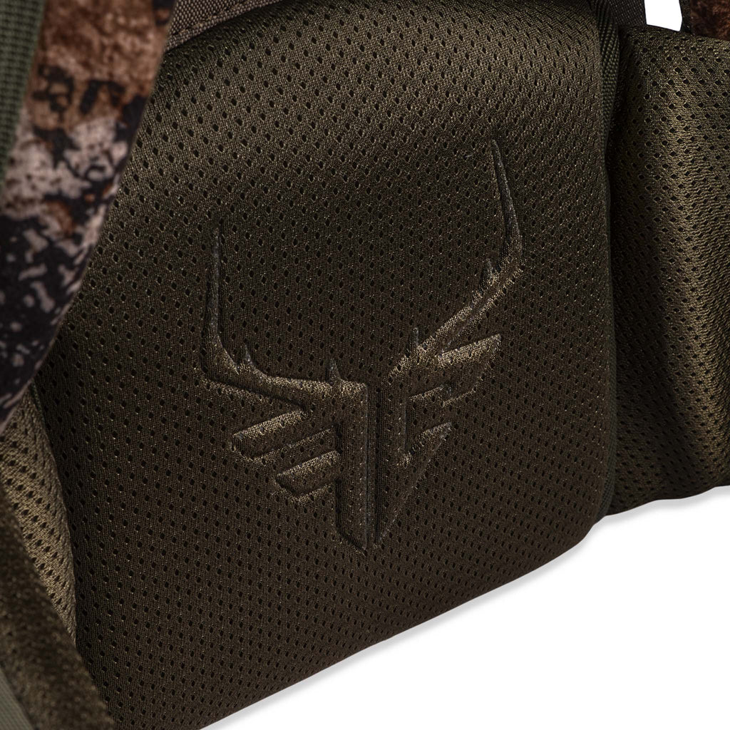 Olive green mesh hunting vest with deer antler logo, camo accents for outdoor gear
