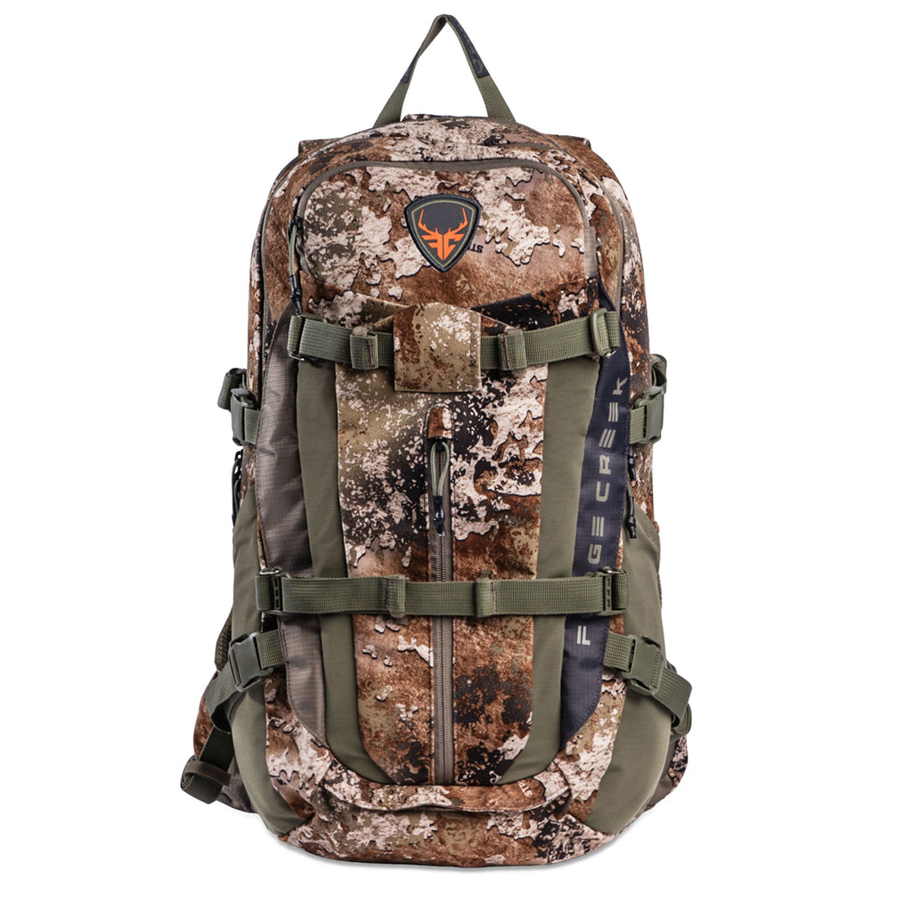 Camo hunting backpack with deer logo, olive straps, and multiple pockets for outdoor gear storage