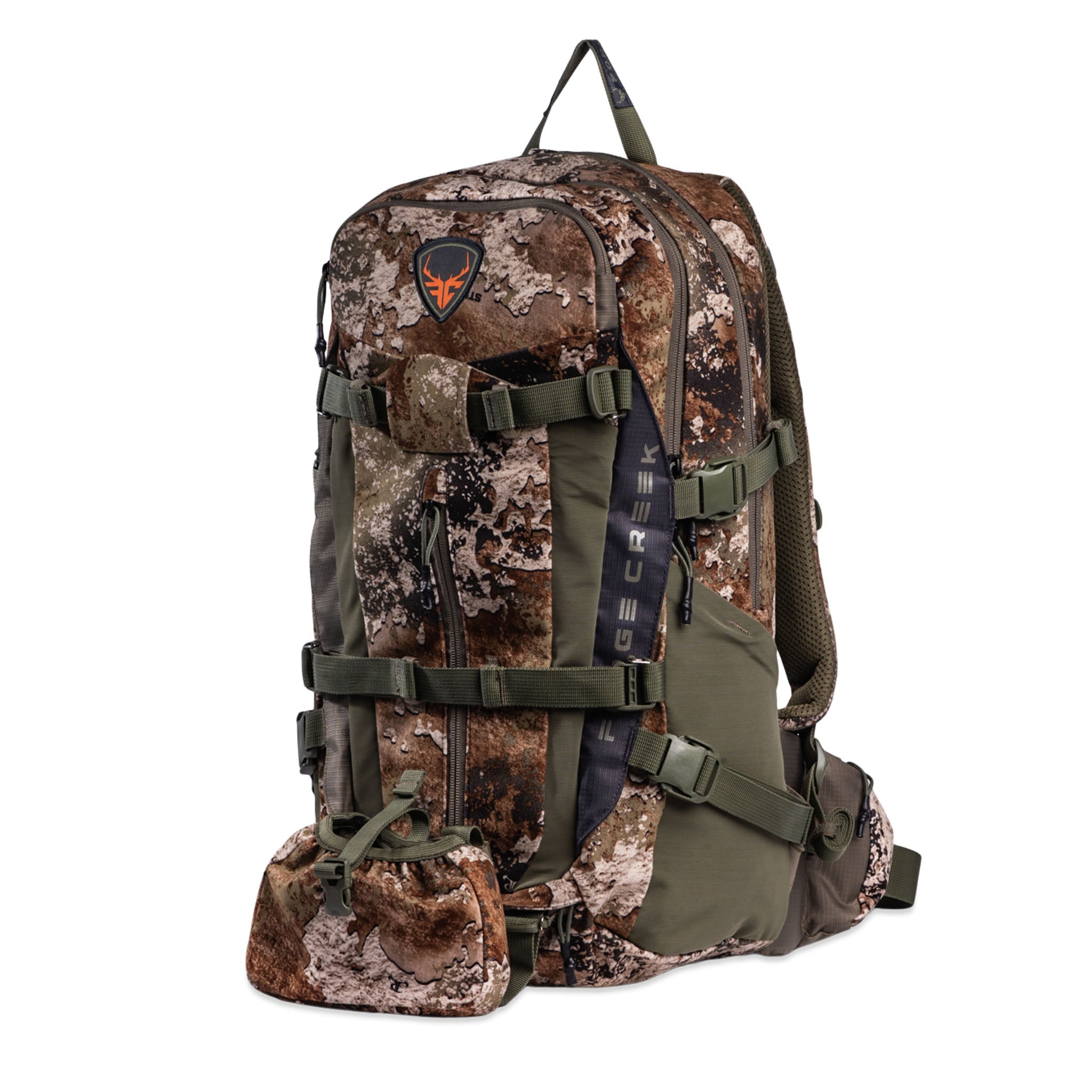 Camo hunting backpack with olive straps, multiple pockets, and tree bark pattern for outdoor gear storage