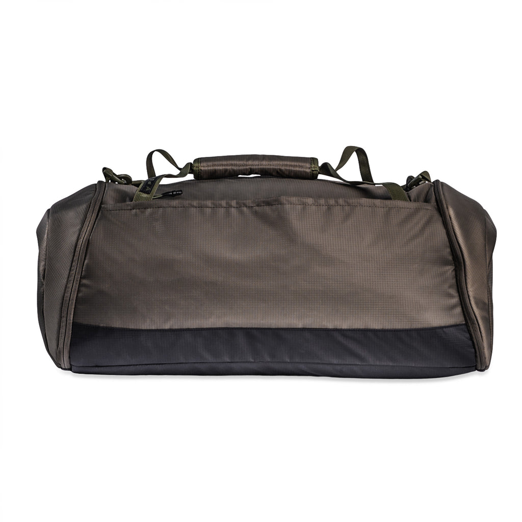 Olive green and black tactical duffel bag for hunting gear, durable nylon with top handle and shoulder straps