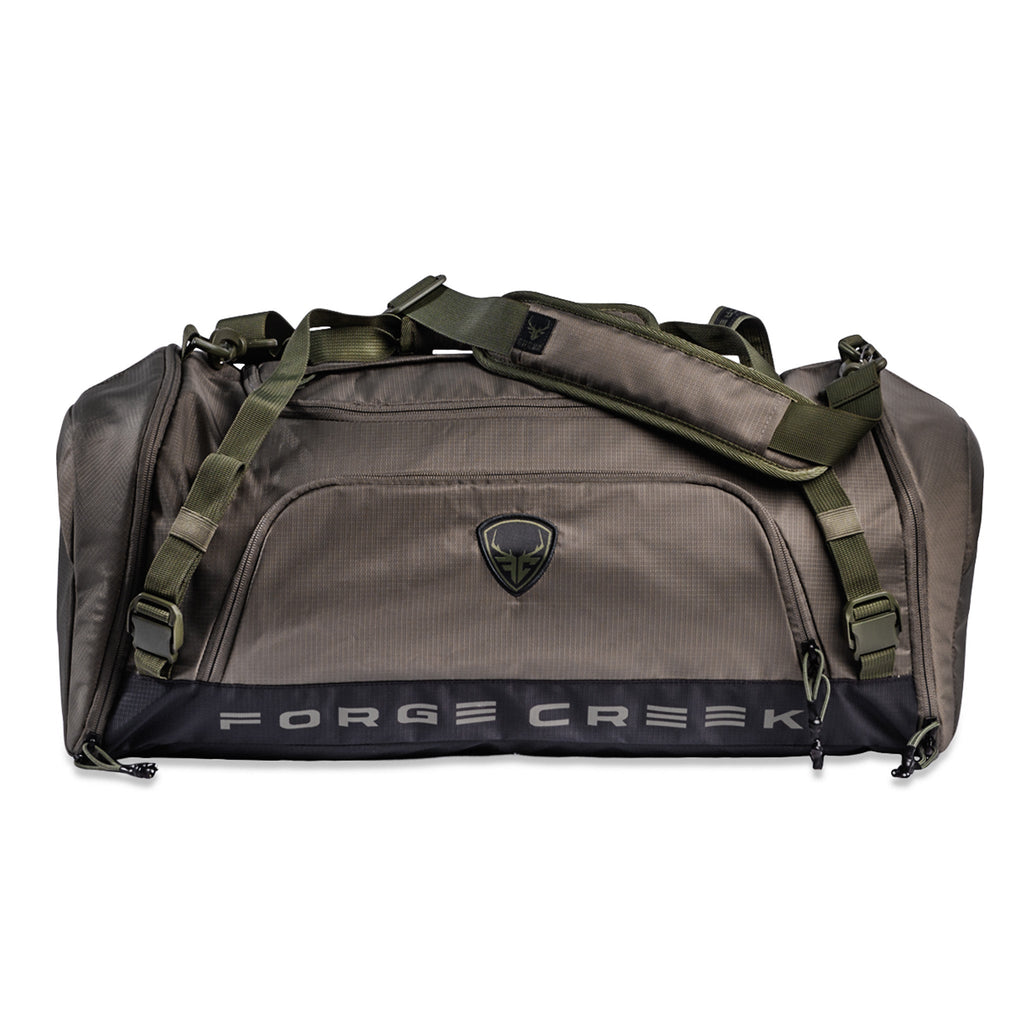 Forge Creek olive green tactical duffel bag for hunting gear, outdoor adventures, and travel with multiple straps and pockets