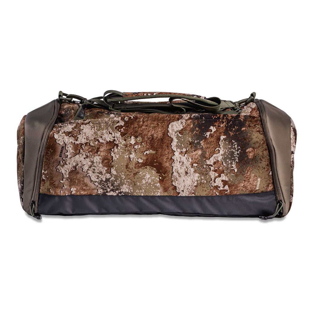 Strata camo duffel bag for hunting gear, rugged outdoor carry with durable fabric and shoulder straps