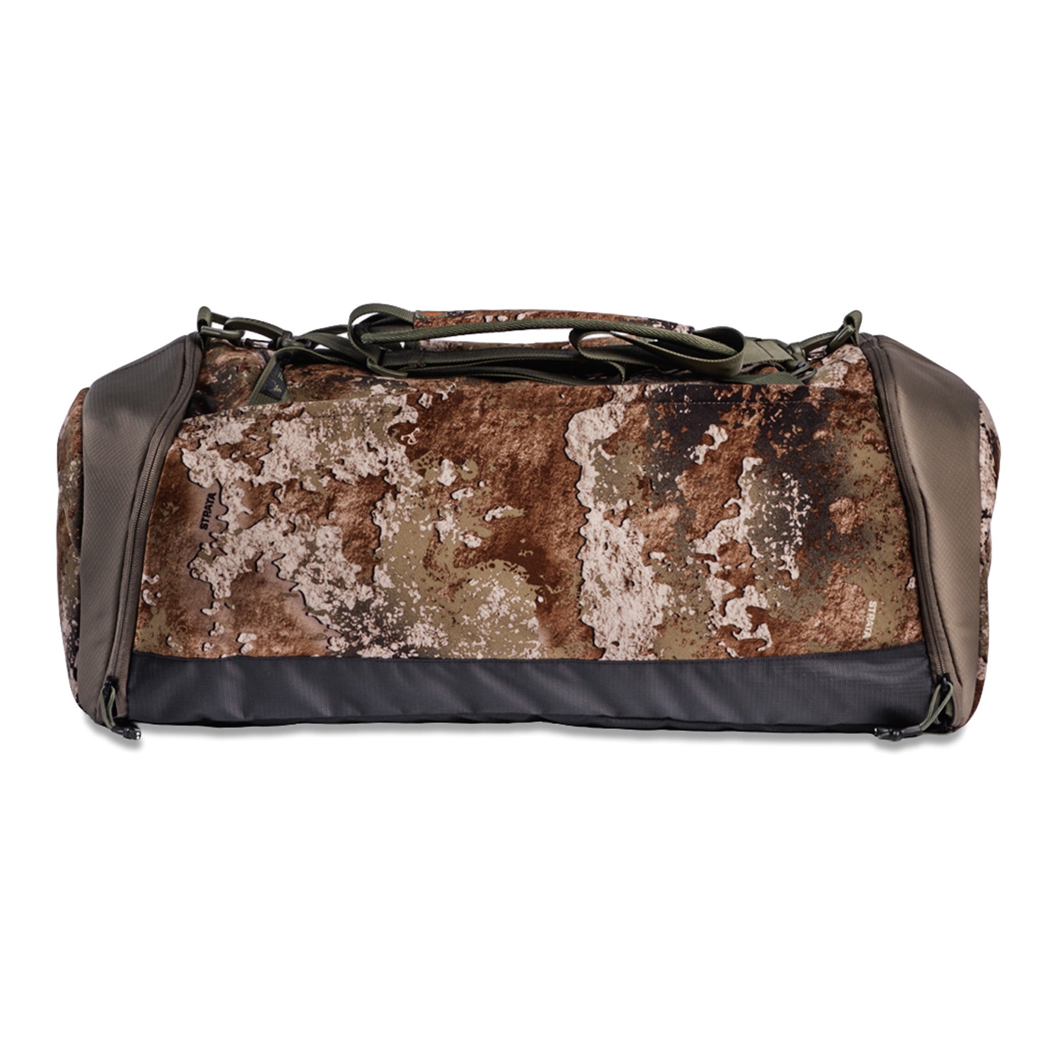 Strata camo duffel bag for hunting gear, rugged outdoor carry with durable fabric and shoulder straps