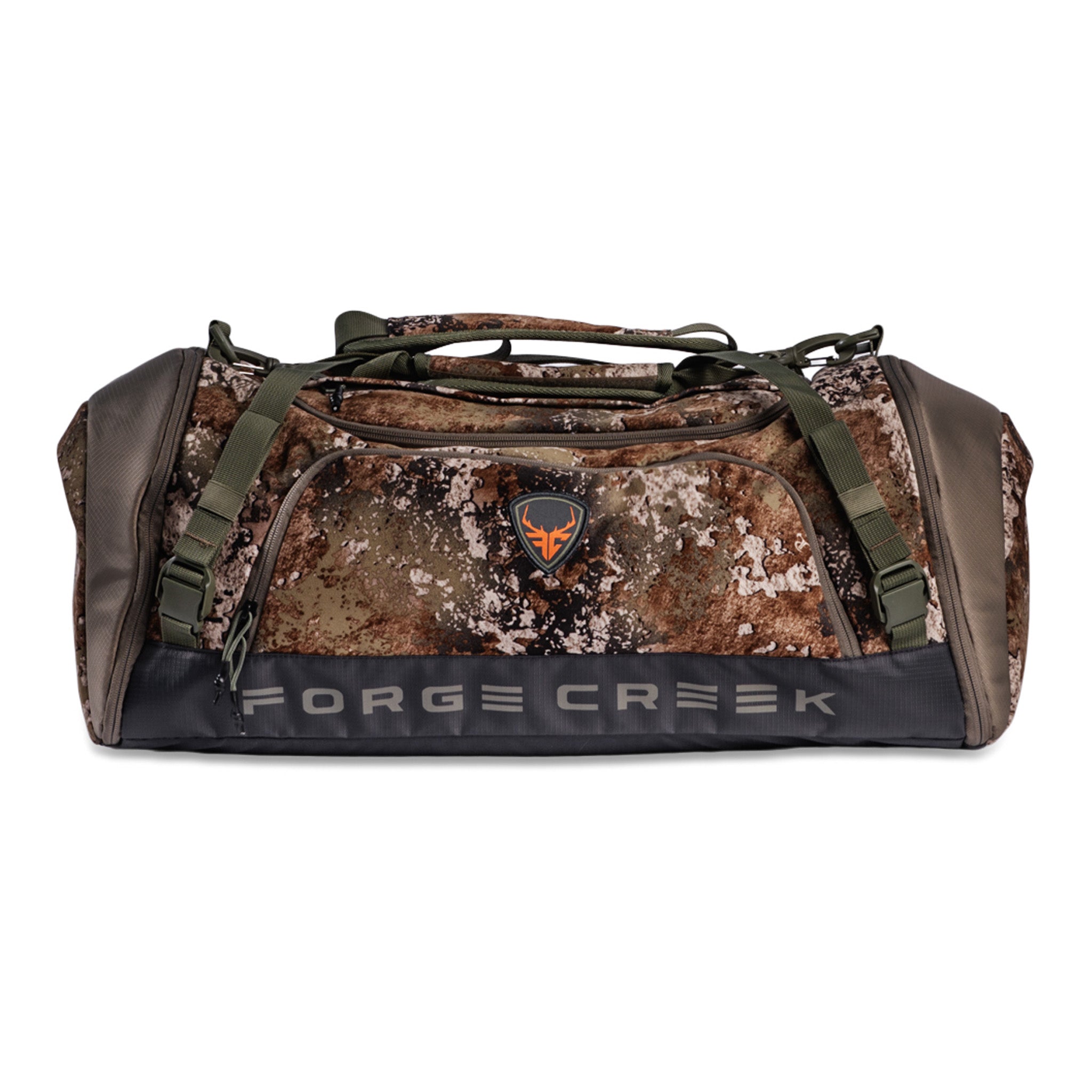 Forge Creek camo duffel bag for hunting gear, rugged outdoor carry with shoulder straps and logo patch
