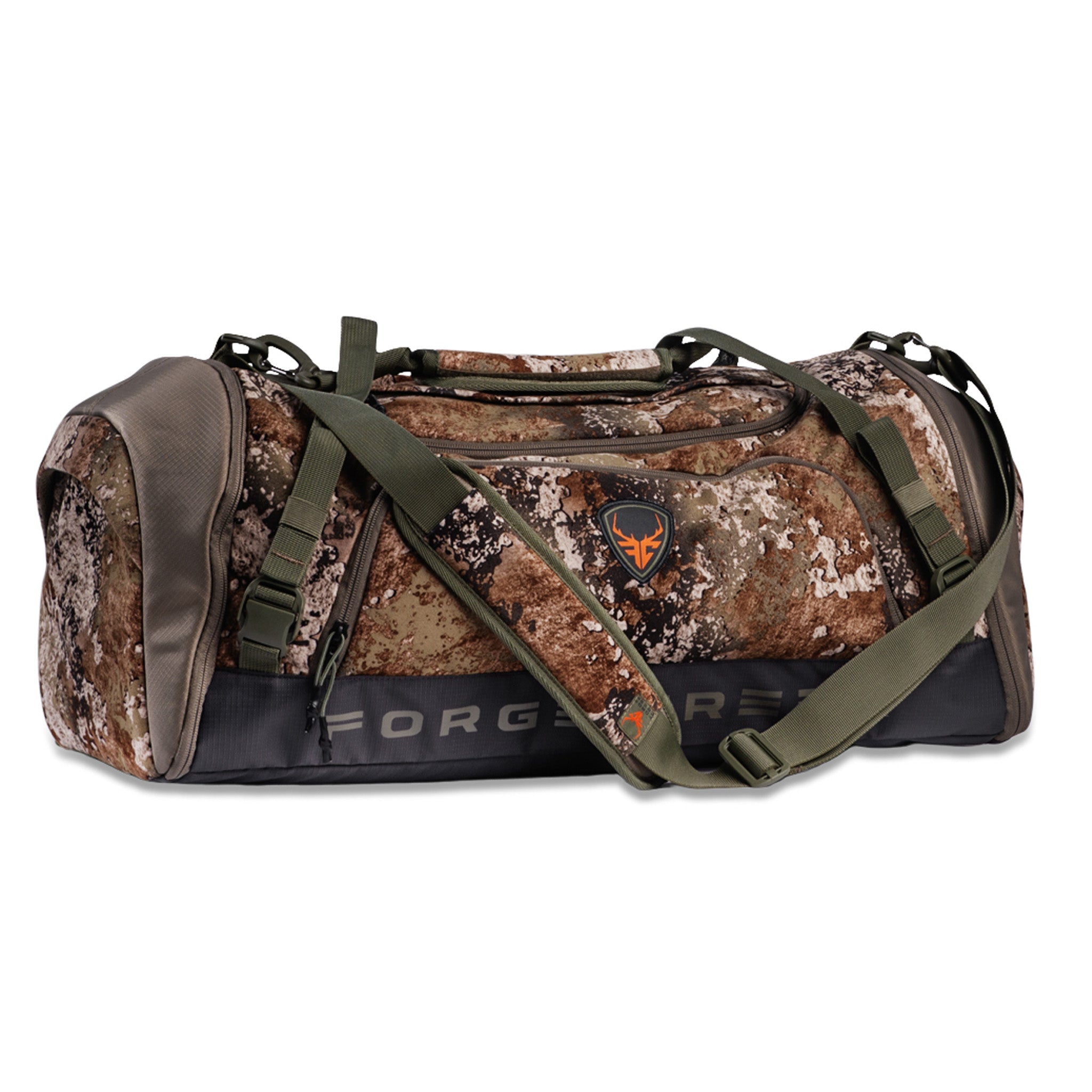 Camo duffel bag with deer logo, olive straps, and Forge branding for hunting gear storage