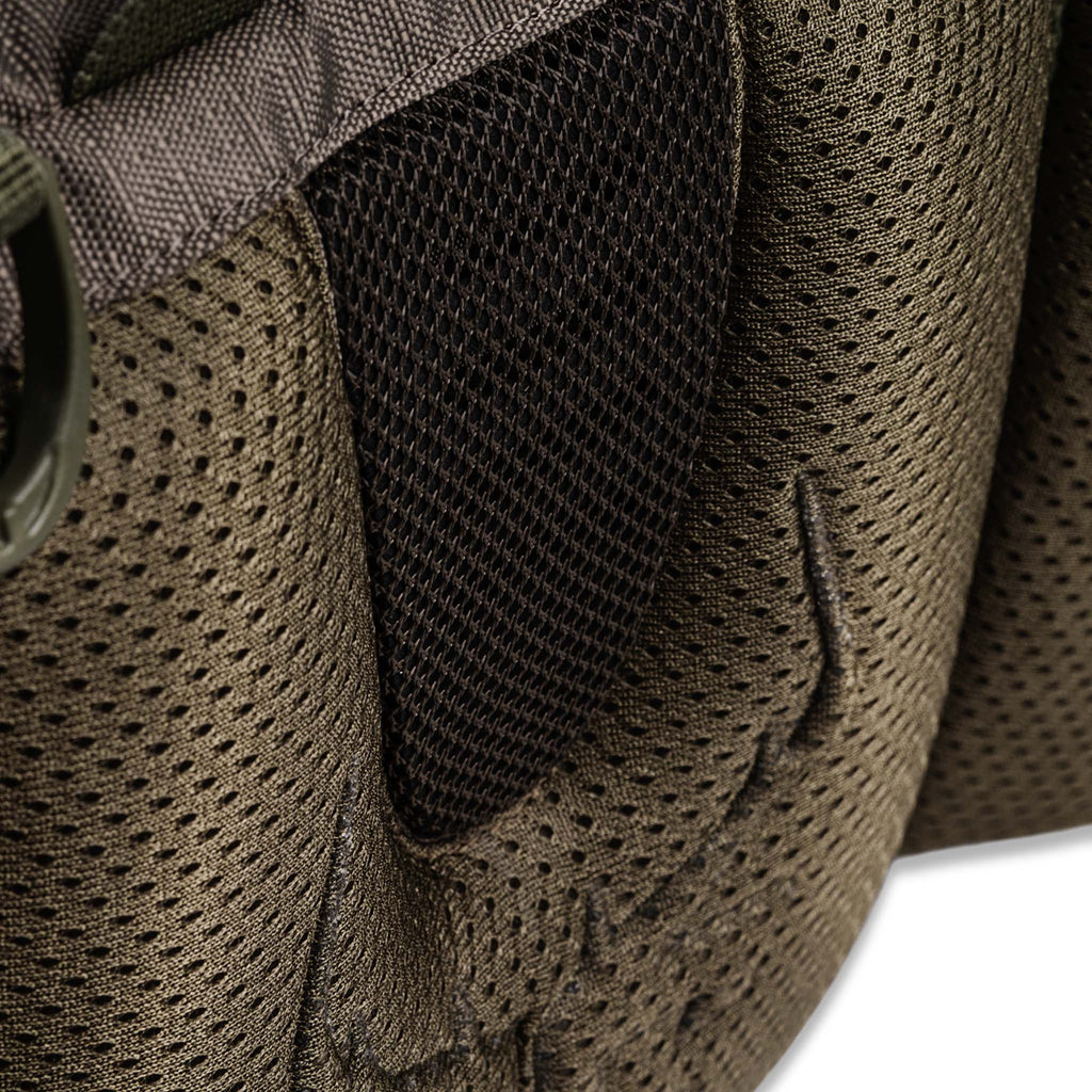 Olive green hunting backpack with breathable mesh panels and camo accents for outdoor gear storage
