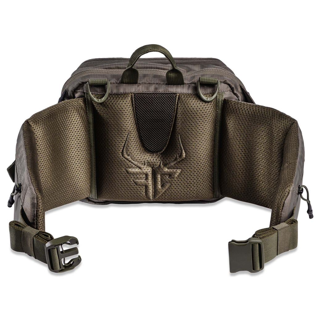 Camouflage hunting waist pack with mesh back panel, adjustable straps, and deer head logo for outdoor gear storage