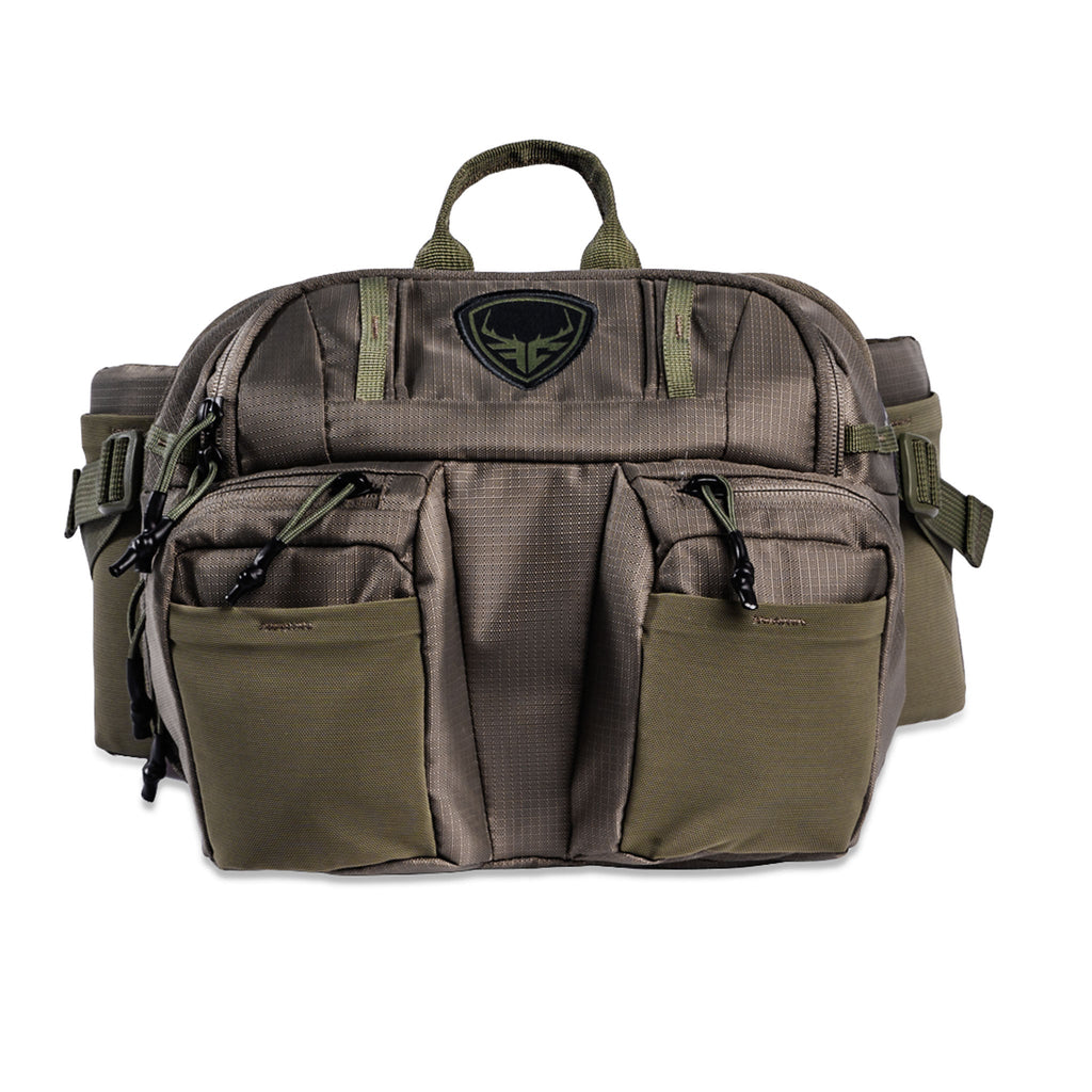 Tactical hunting gear bag with multiple pockets, olive green and brown camo, durable nylon, deer logo patch