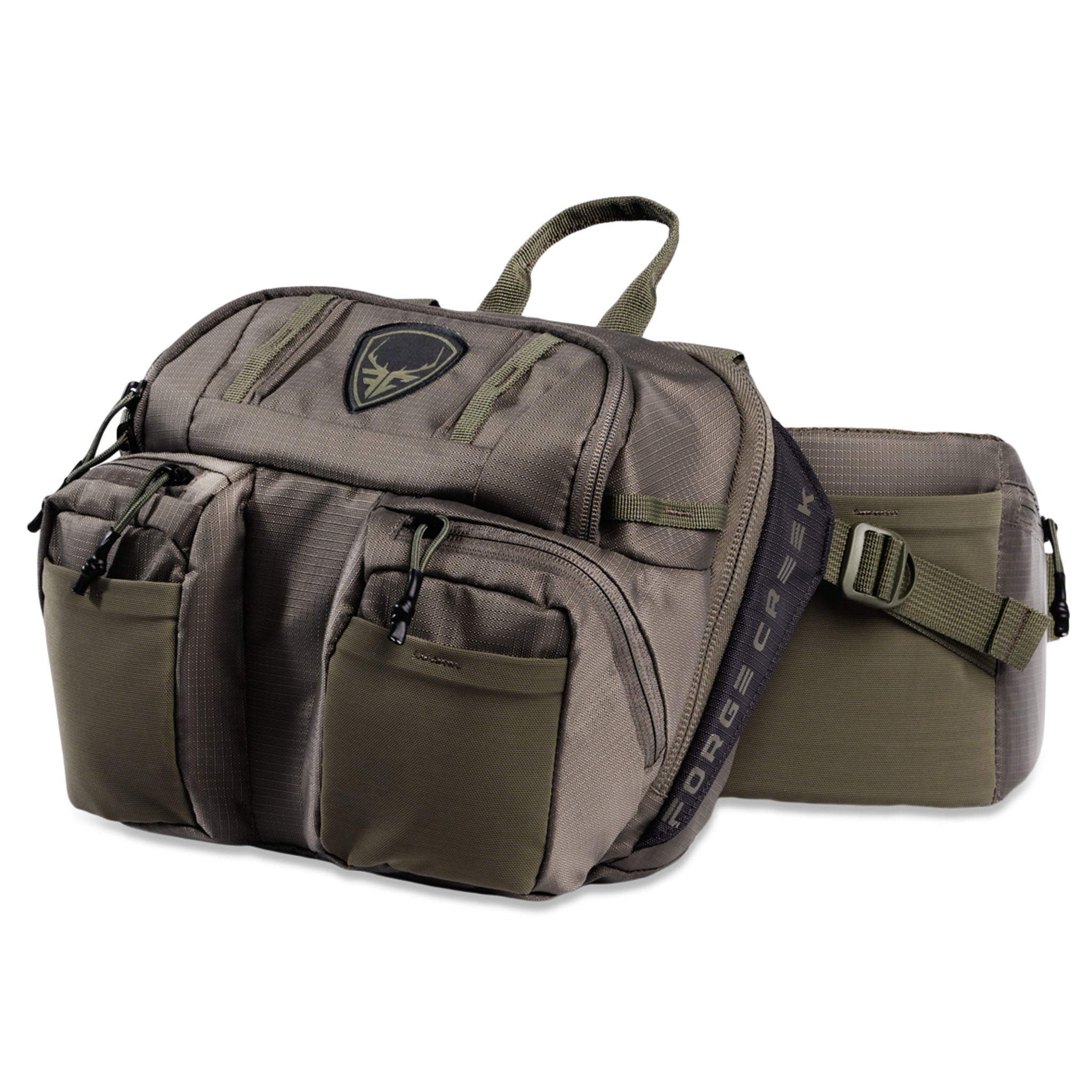 Forge Creek tactical hunting waist pack with multiple pockets, olive green camo, and adjustable strap for outdoor gear storage