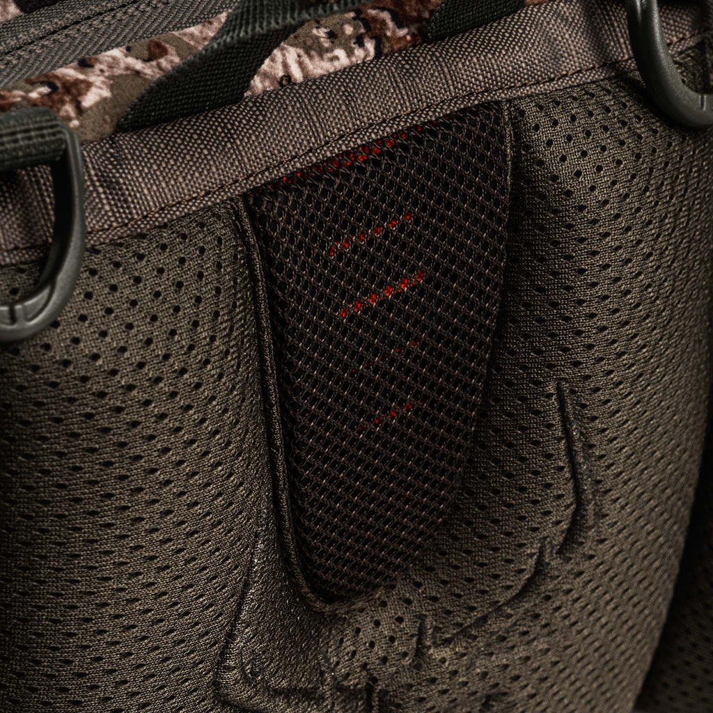 Camo hunting backpack with mesh side pockets and D-rings for outdoor gear storage
