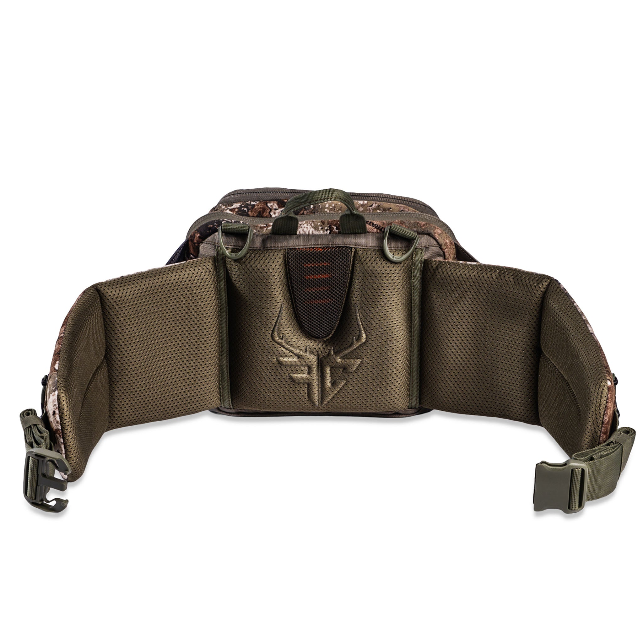 Camo hunting waist pack with mesh back panel and adjustable straps for outdoor gear storage