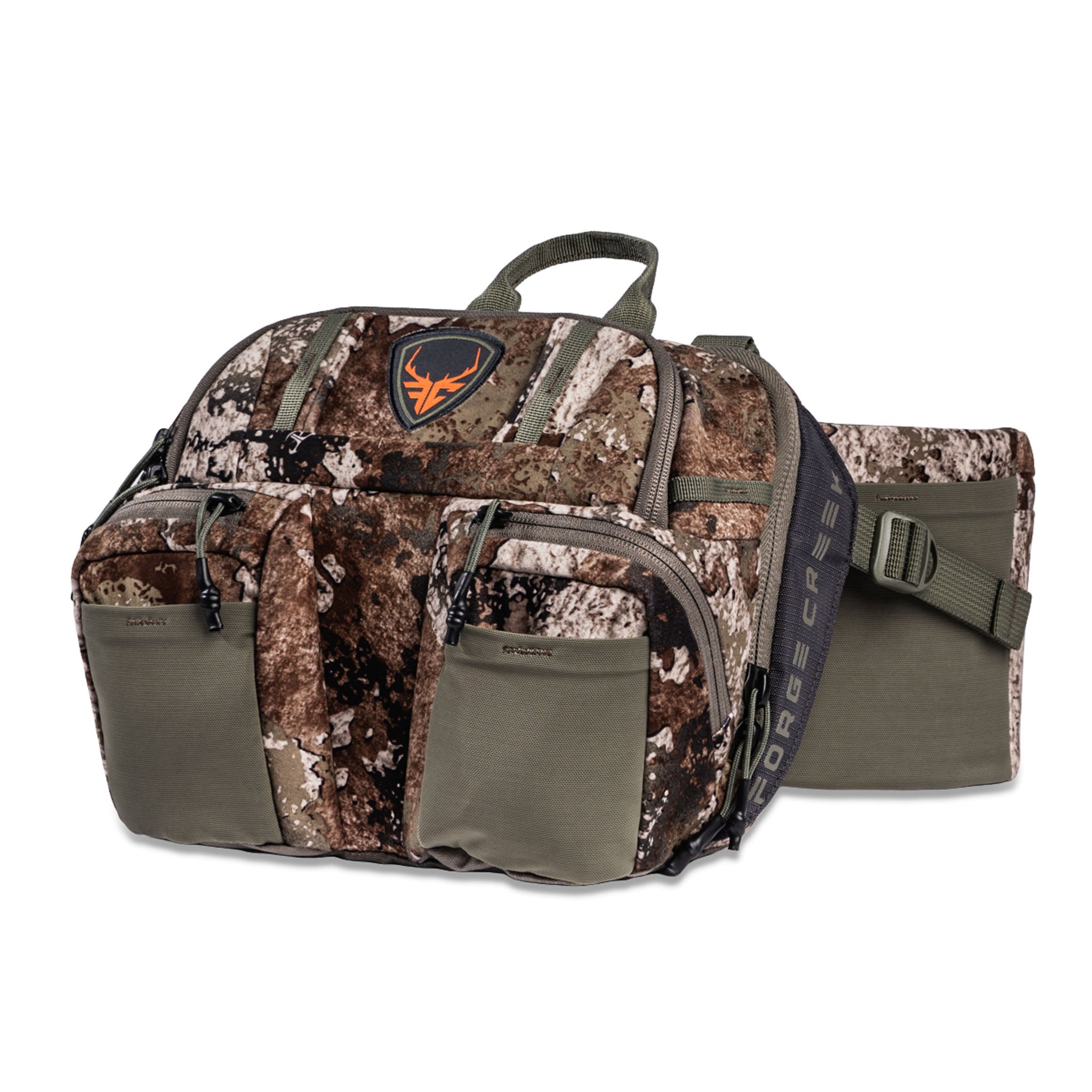 Camo hunting gear bag with multiple pockets, olive accents, and Forge Creek strap for outdoor adventures