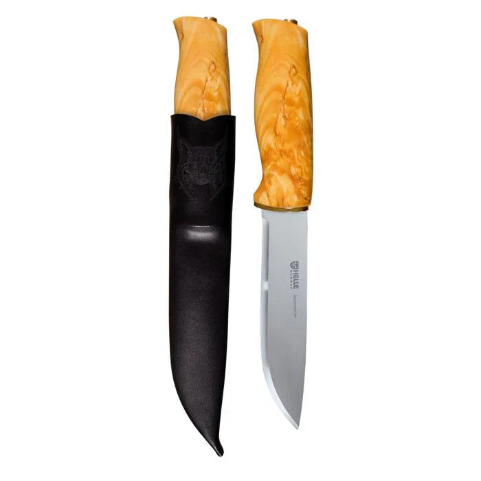 Muela hunting knife with yellow burl wood handle, stainless steel blade, and black sheath featuring wolf emblem
