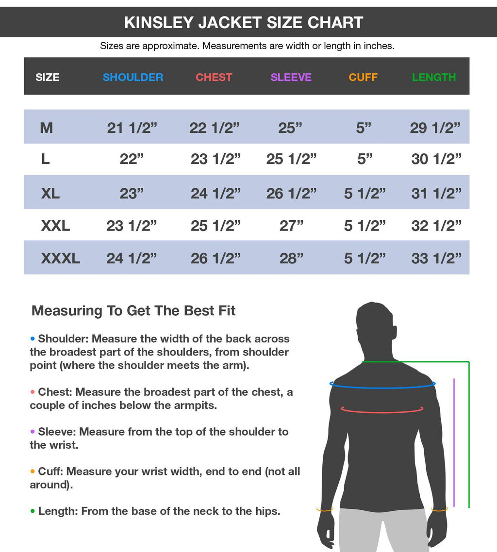 Vycah Kinsley Jacket size chart with shoulder, chest, sleeve, cuff and length measurements, M through 3XL
