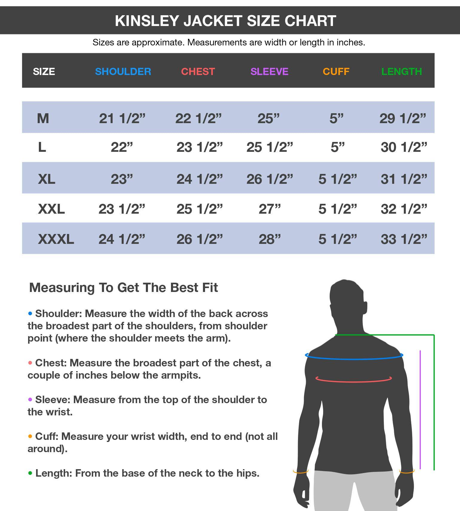 Vycah Kinsley Jacket size chart with shoulder, chest, sleeve, cuff and length measurements, M through 3XL