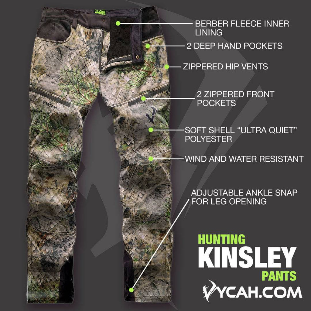 Kinsley hunting pants with camo pattern, soft shell polyester, wind and water resistant, zippered pockets, fleece lining
