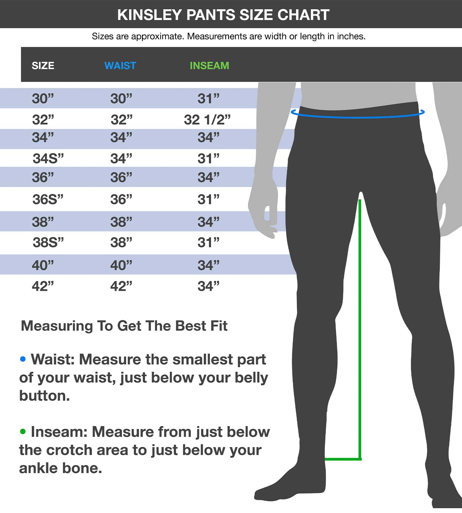 Vycah Kinsley Pants size chart with waist and inseam measurements from 30 to 42