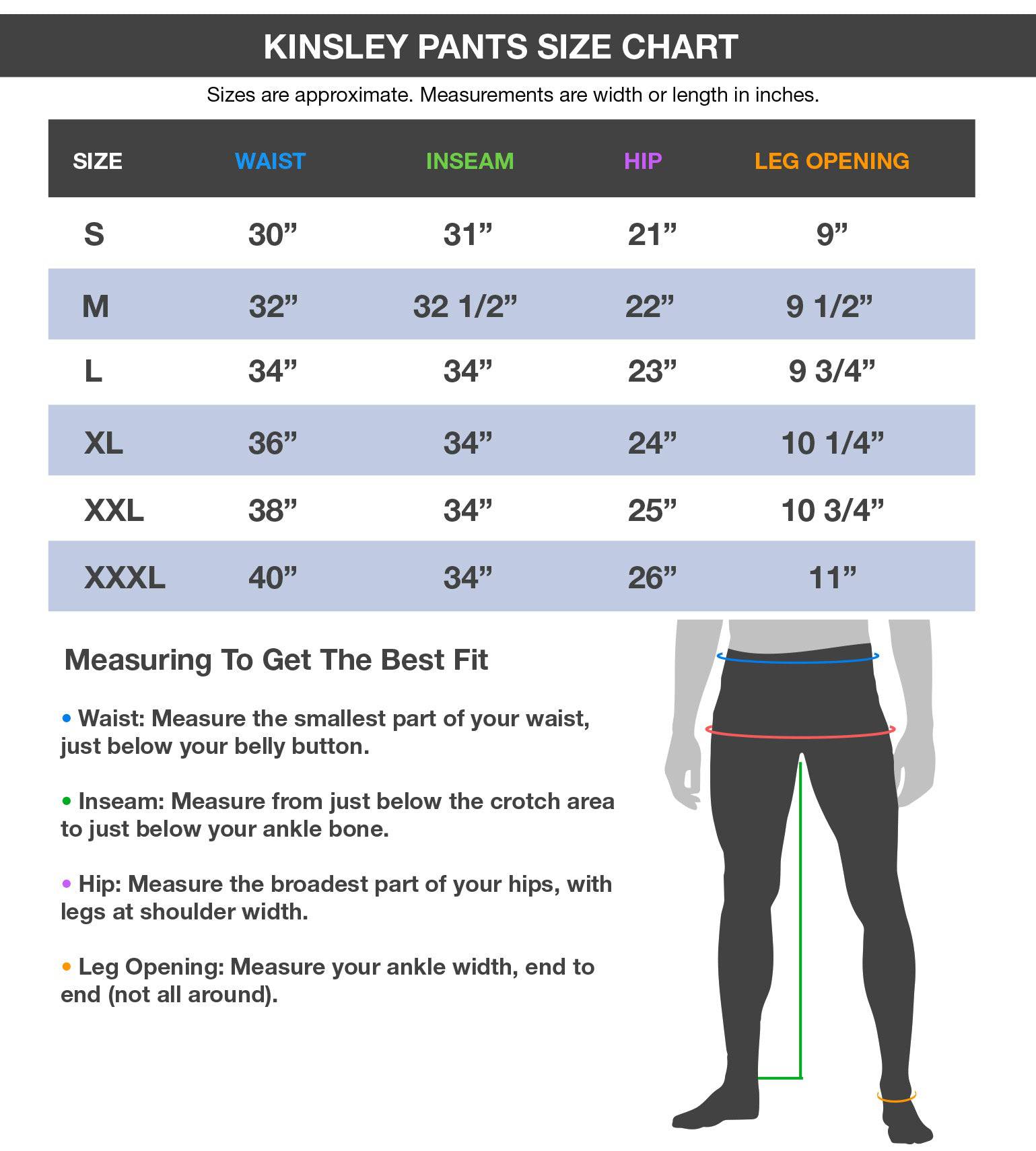 Kinsley Pants size chart with measurements for waist, inseam, hip, leg opening; includes fit guide for hunting apparel