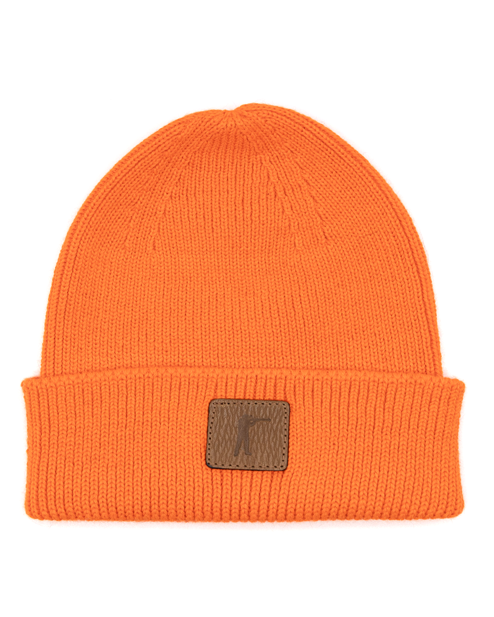 Ball and Buck Arthur Knit Hat in blaze orange wool with leather Arthur patch, front view