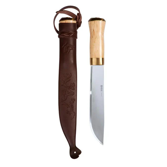 Hunting knife with wooden handle and leather sheath, ideal for outdoor survival and camping gear