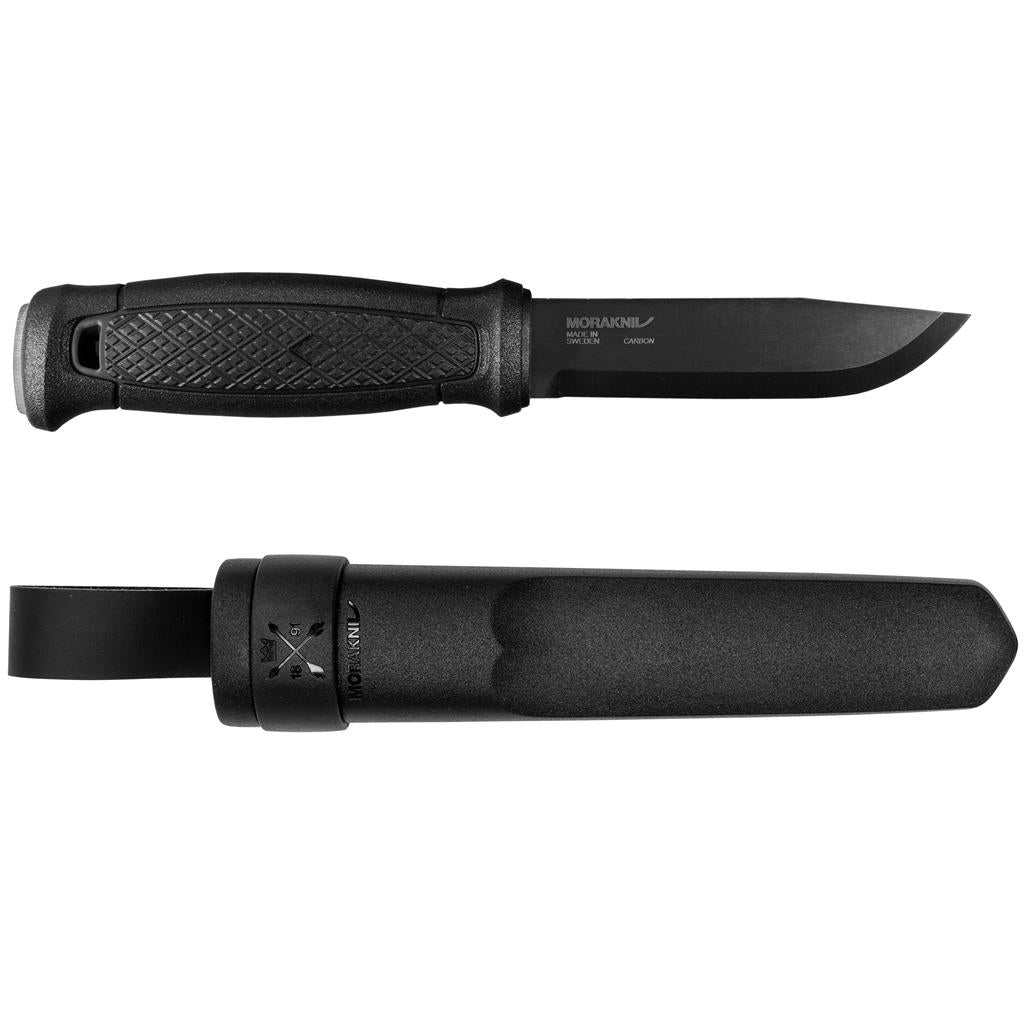Moraknil black carbon steel hunting knife with textured grip and sheath, made in Sweden