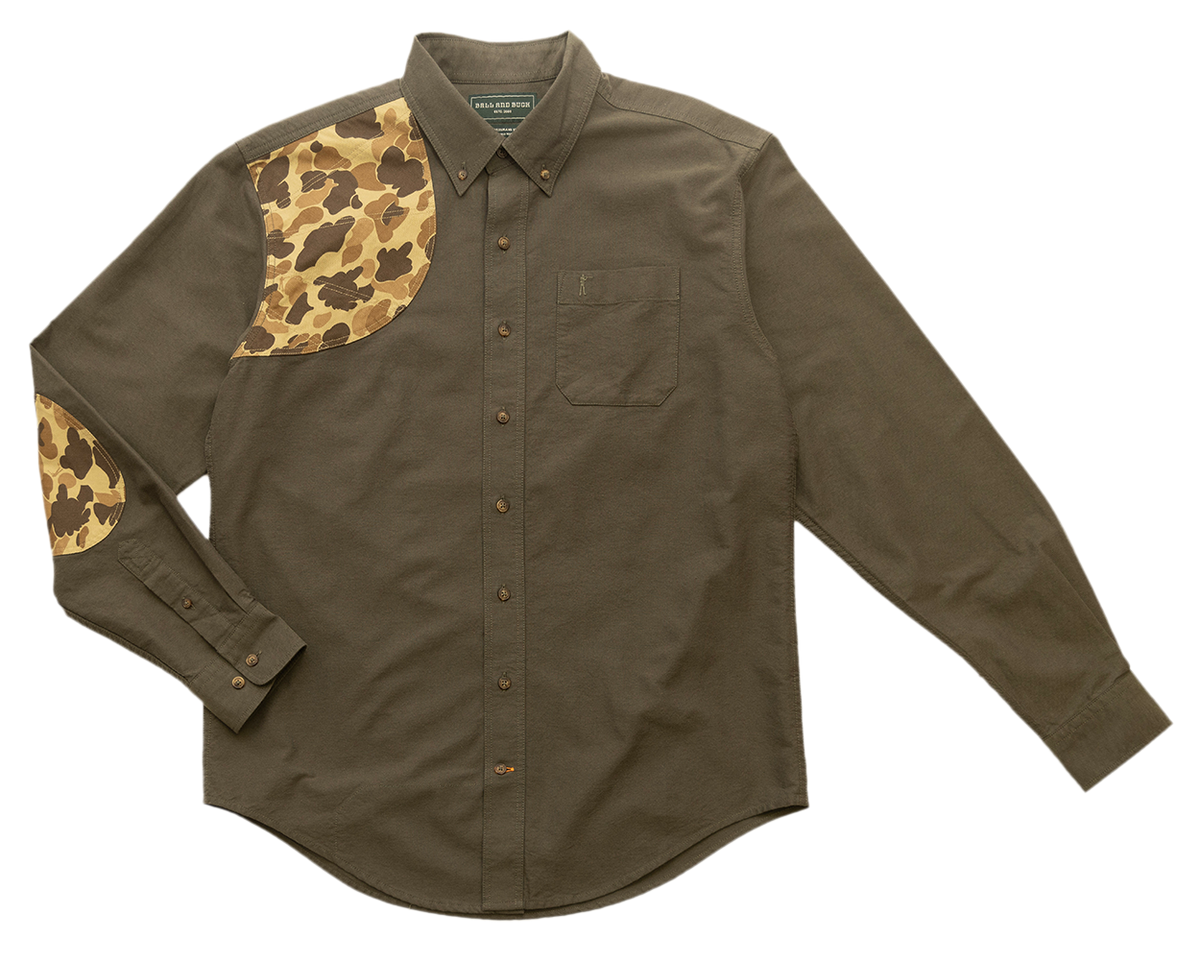 Ball and Buck Sportsmans Shirt in Moss Oxford, front view with Original Camo shooting shoulder