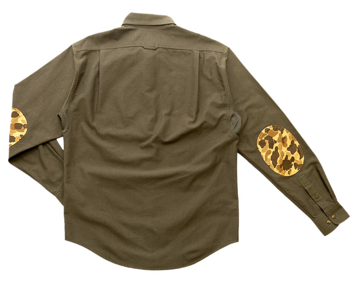 Moss Oxford Sportsmans Shirt, back view with Original Camo elbow patches